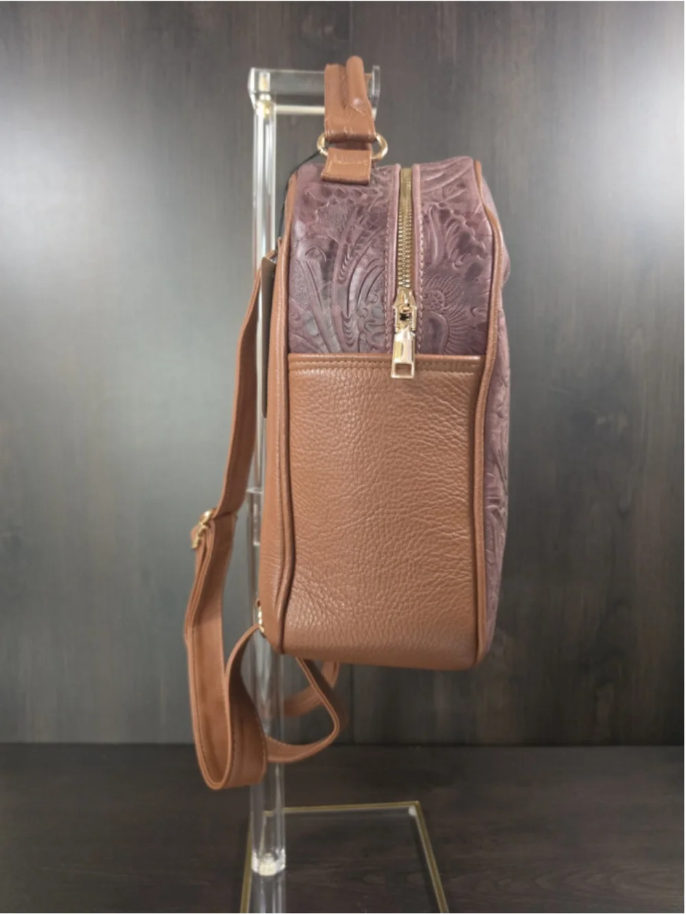 Burgundy Purple Wine Floral Embossed Tooled LEATHER Artisan Mexican Backpack Bag
